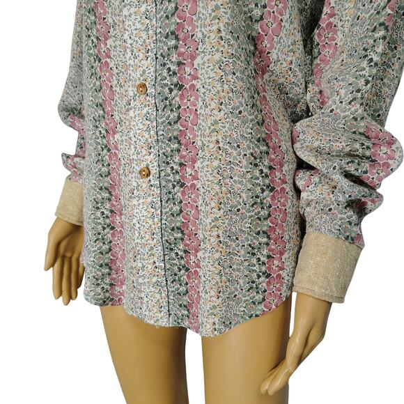 1970s Western Cream Floral Print Patchwork Quilted Yoke Button Up Shirt Size M - Picture 5 of 10